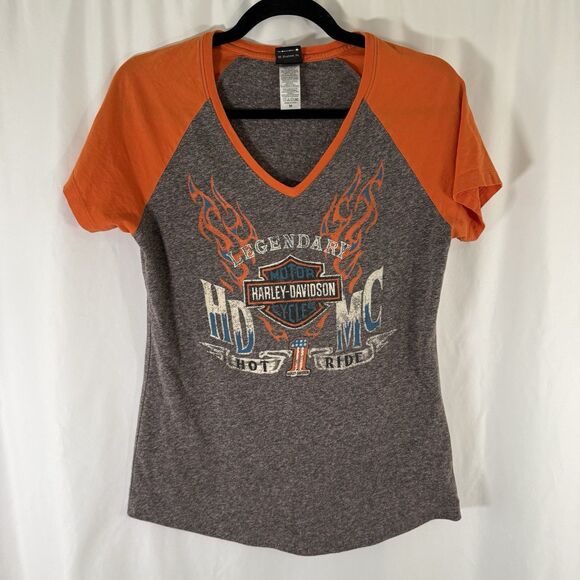 Harley Davidson Shirt Women's medium Heathered Grey Orange Short Sleeve Cotton - Picture 1 of 9